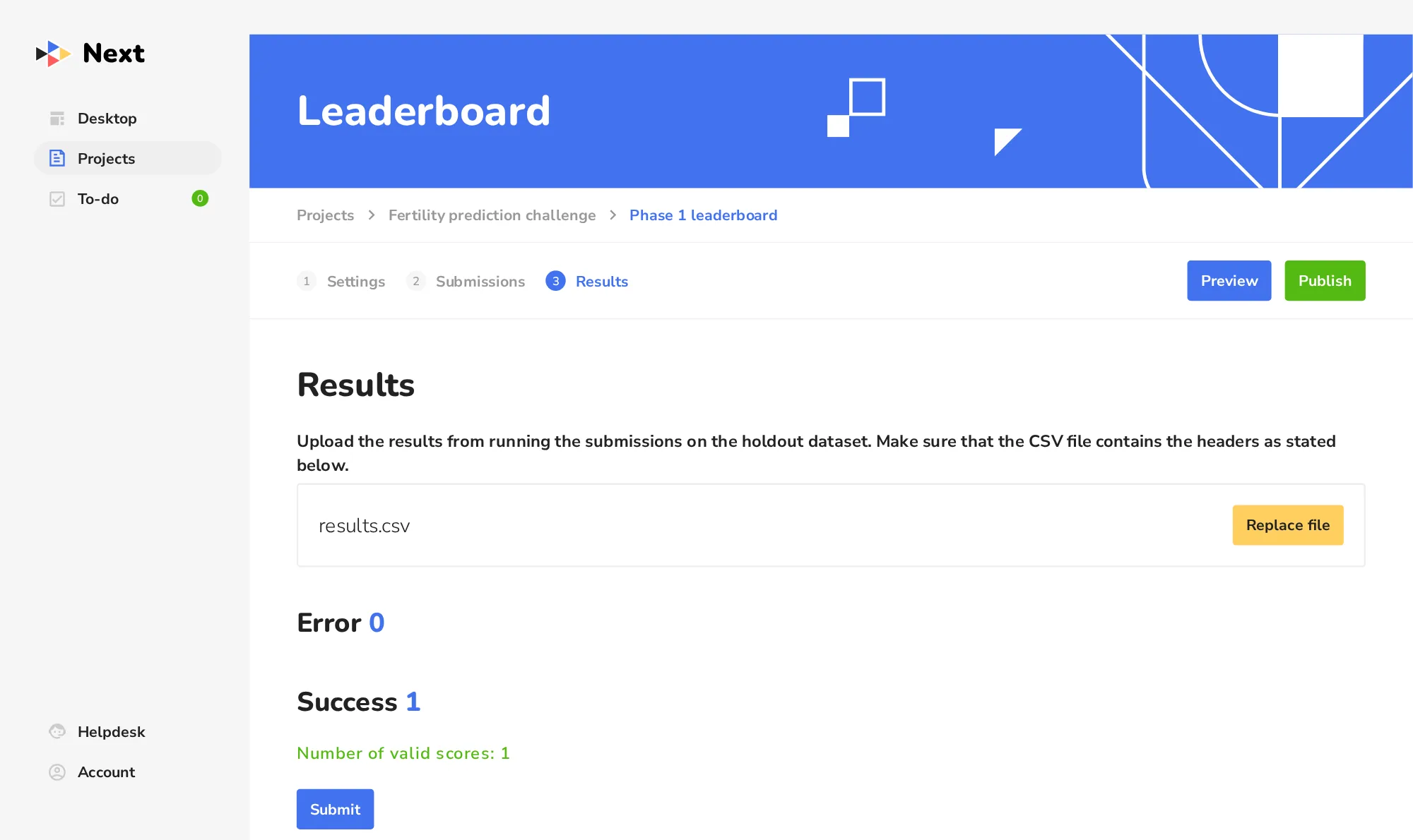 Uploading the results of the submissions