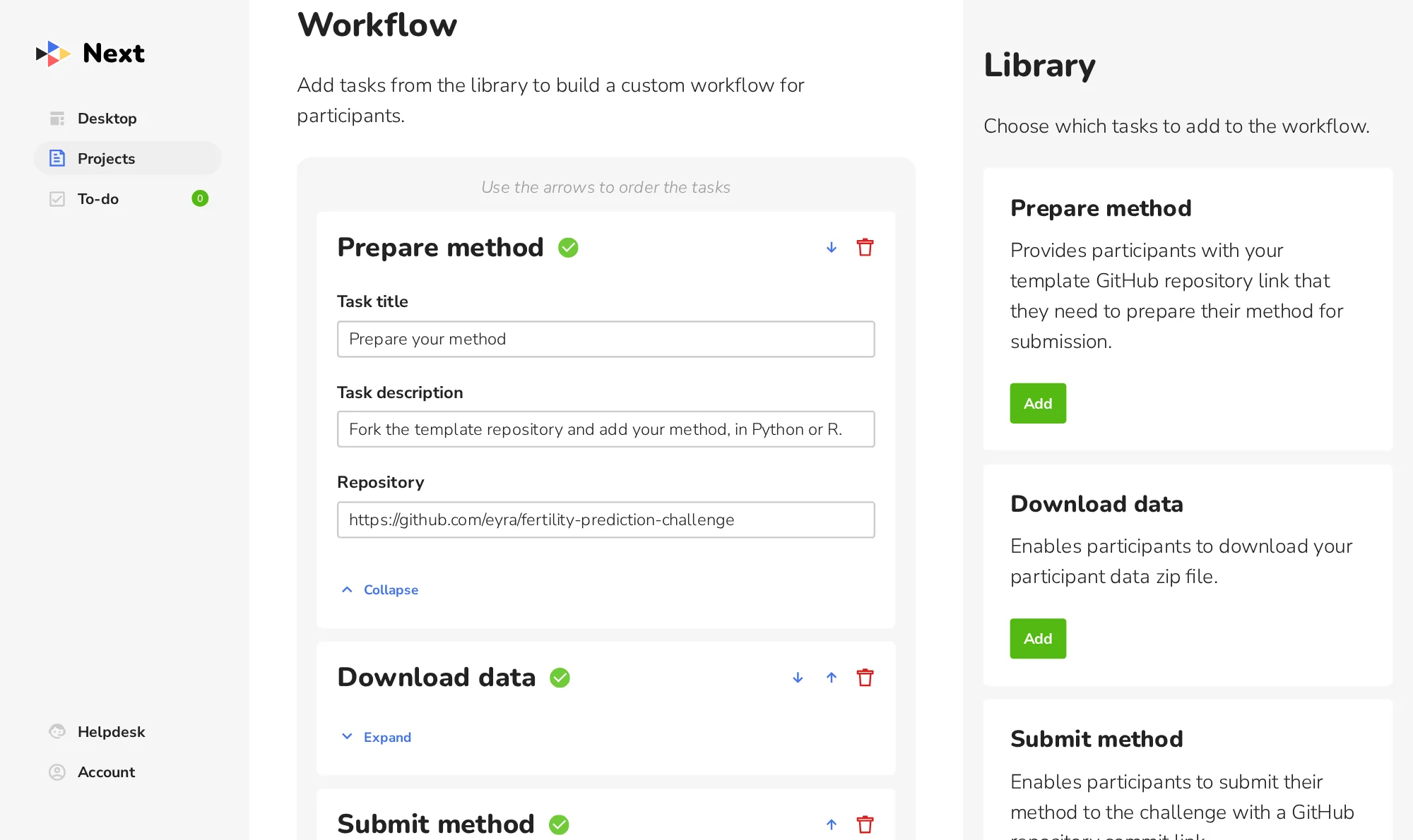 The Prepare method task, with the link to the template repository