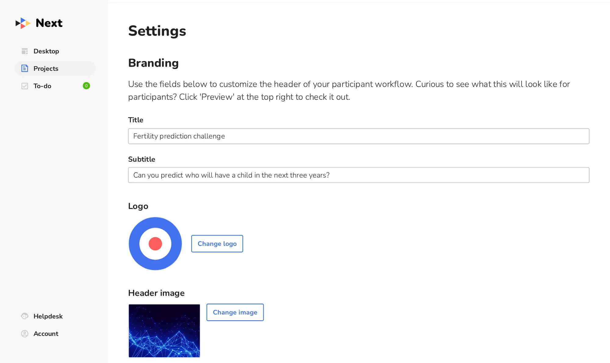 Settings: title, subtitle, logo and header image