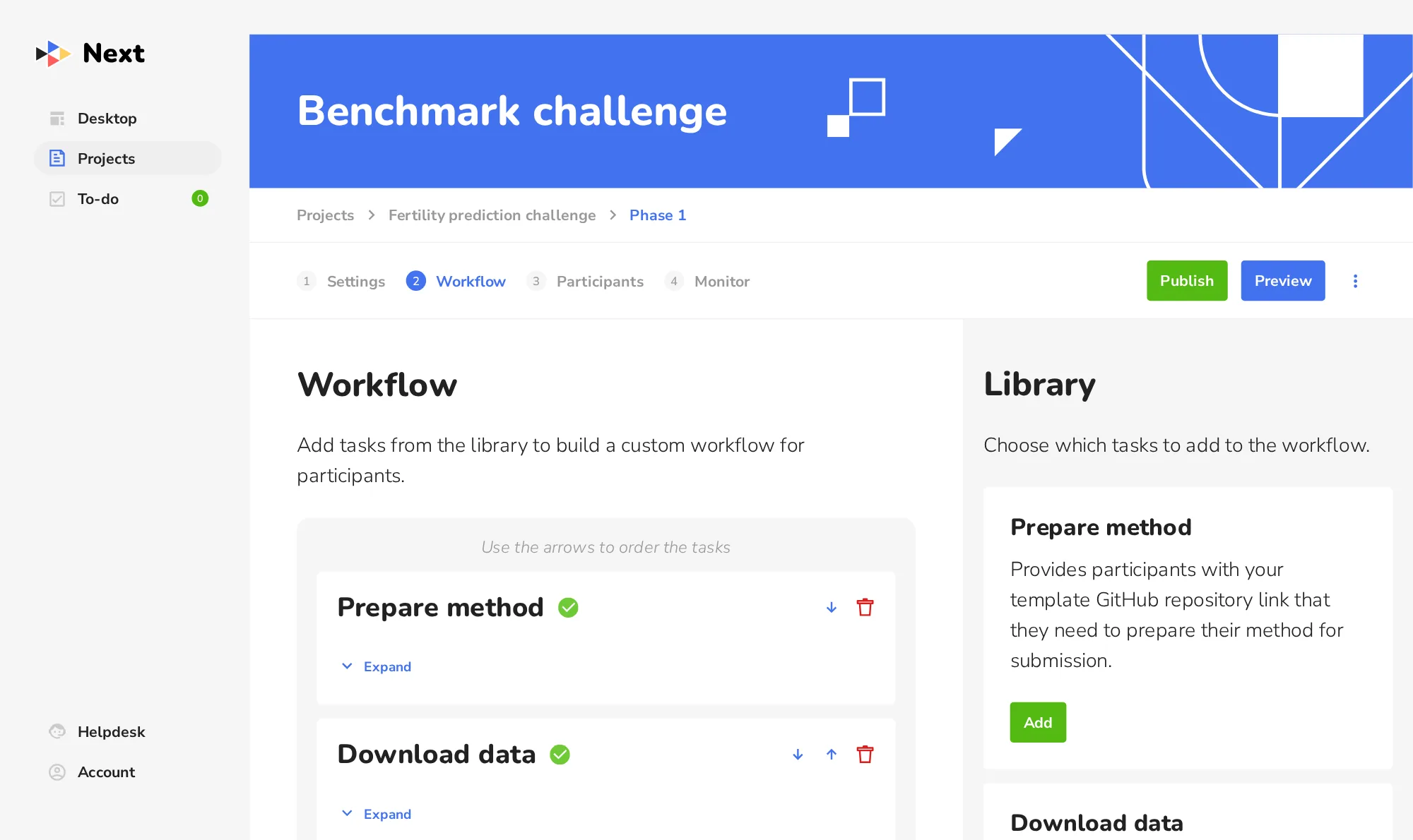 The Next platform: the workflow of a benchmark challenge
